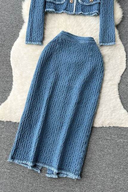 Autumn Fragrant Style Celebrity Denim Set Women's Short Denim Coat and Split Half Skirt Two Piece Set