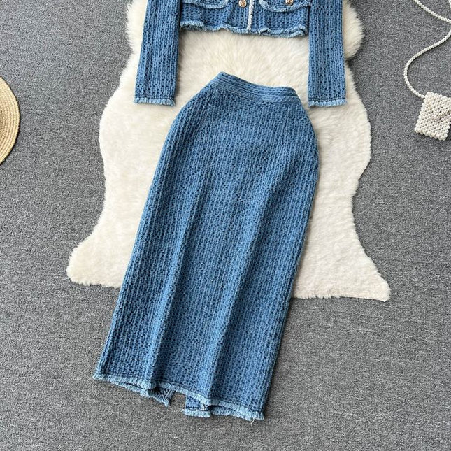 Autumn Fragrant Style Celebrity Denim Set Women's Short Denim Coat and Split Half Skirt Two Piece Set