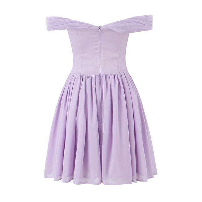 Purple Color Front Bow Tie Sleeveless Slash Neck Casual Fashion Ladies Mini Dress