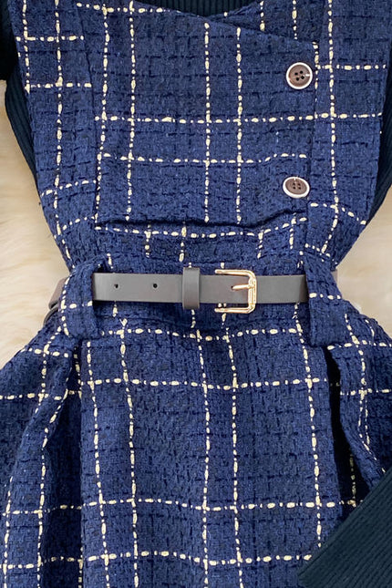 Fall Winter Vintage Style Stand Collar Bottom Sweater Two Piece Plaid Suspender Dress Waist A-Line Dress
