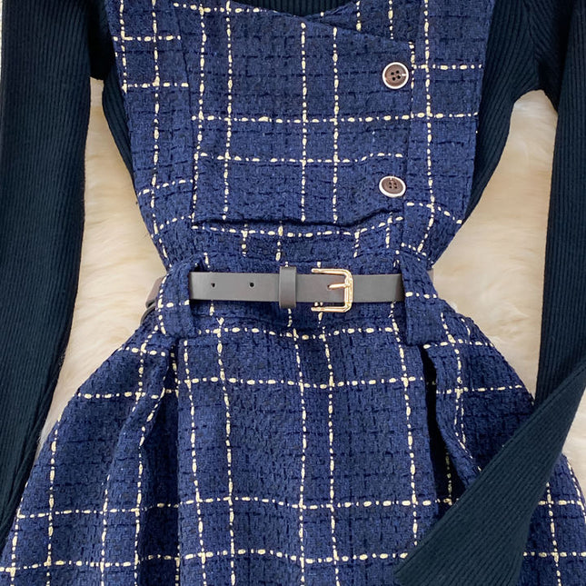 Fall Winter Vintage Style Stand Collar Bottom Sweater Two Piece Plaid Suspender Dress Waist A-Line Dress