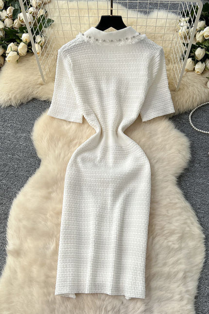 Boutique Sexy V-neck Knitted Dress Summer Dress Women's Casual Elegant Short Sleeved Button Knitted Dress