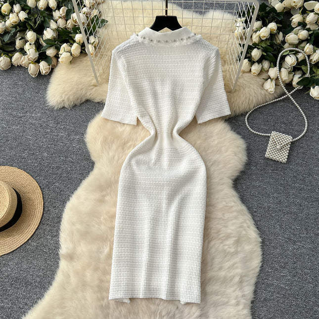 Boutique Sexy V-neck Knitted Dress Summer Dress Women's Casual Elegant Short Sleeved Button Knitted Dress