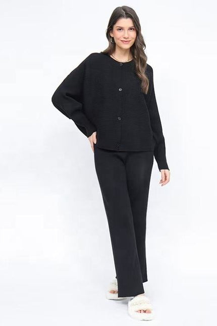 Autumn and Winter Loose Bat Sleeve Knitted Single Breasted Sweater High Waist Wide Leg Pants Knitted Set for Women