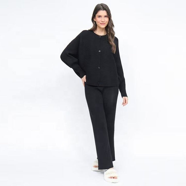Autumn and Winter Loose Bat Sleeve Knitted Single Breasted Sweater High Waist Wide Leg Pants Knitted Set for Women