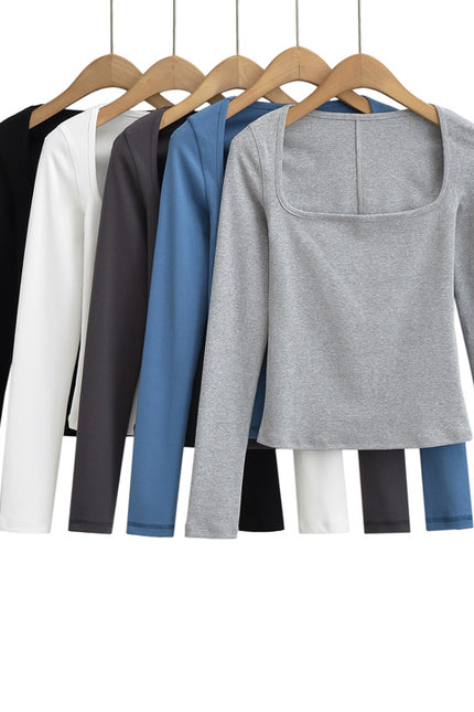 5 Colorway square Collar Long Sleeve Solid Color Knitted Casual Fashion Women t Shirt