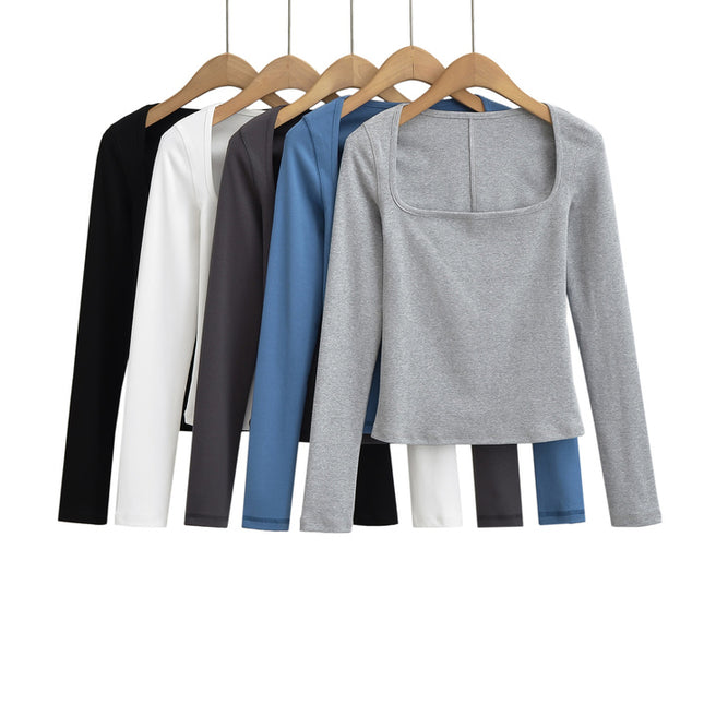 5 Colorway square Collar Long Sleeve Solid Color Knitted Casual Fashion Women t Shirt