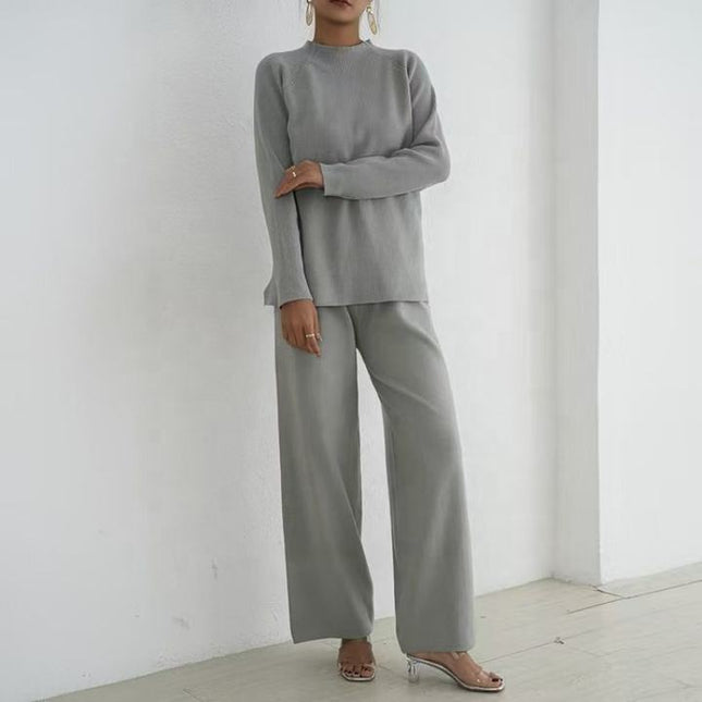 Lazy Style Pullover With Split Long Sleeves Knitted Autumn and Winter Sweater Two-piece Set High Waisted Casual Wide Leg Pants