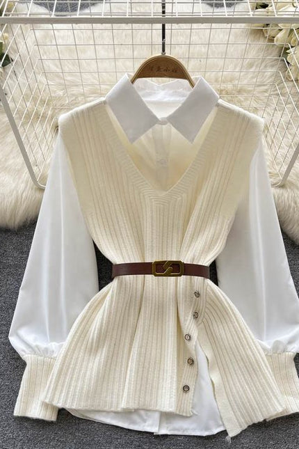 Two Piece Suit Green Sleeveless Knitted Vest White Long Sleeved Shirt Top Autumn Woman