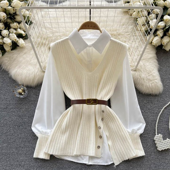 Two Piece Suit Green Sleeveless Knitted Vest White Long Sleeved Shirt Top Autumn Woman