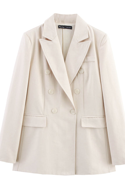 Double Breasted Beige Color Long Sleeve Notched Collar Casual Fashion blazer Jacket for Women