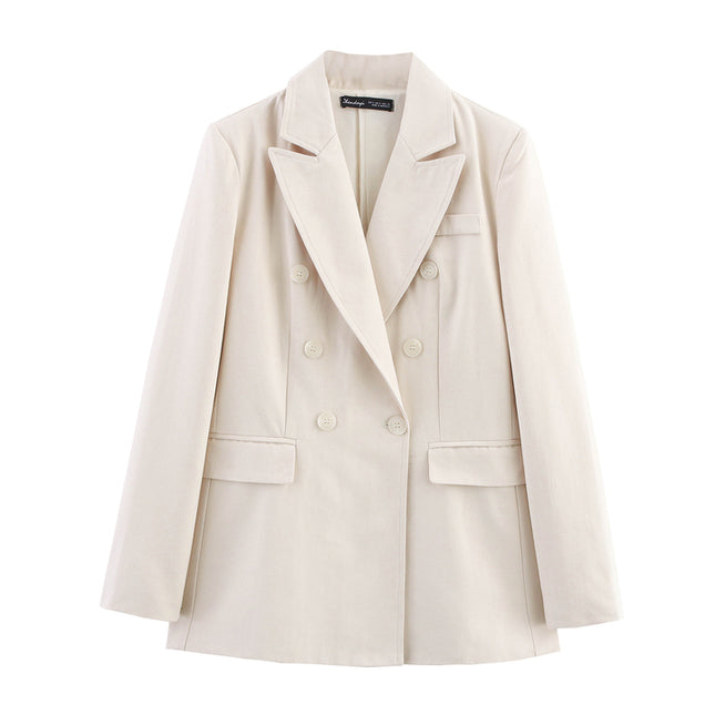 Double Breasted Beige Color Long Sleeve Notched Collar Casual Fashion blazer Jacket for Women