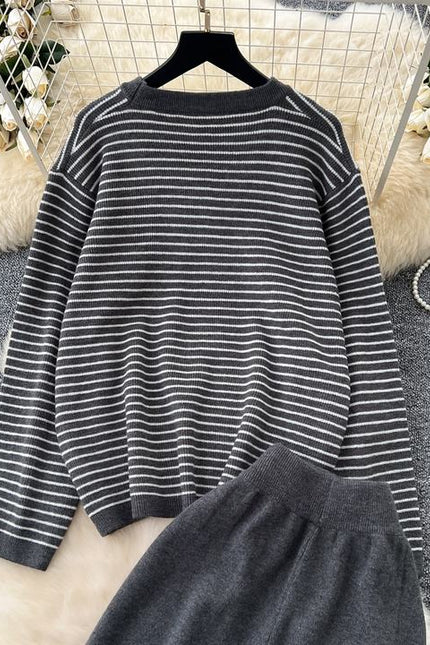 Women Knitwear 2 Piece Set T-shirt + Long Pants Suits Sports Outwear Striped Loose Lady Knitting Sweater Suits