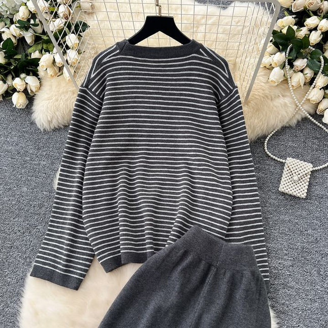Women Knitwear 2 Piece Set T-shirt + Long Pants Suits Sports Outwear Striped Loose Lady Knitting Sweater Suits