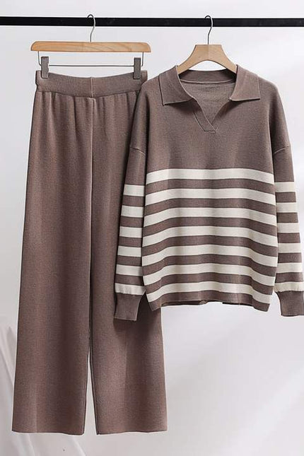 Wholesale New Knitting Suit Polo Collar Striped Sweater Set Loose Casual Top and Pants Sets Fashion Two-piece Set for Women