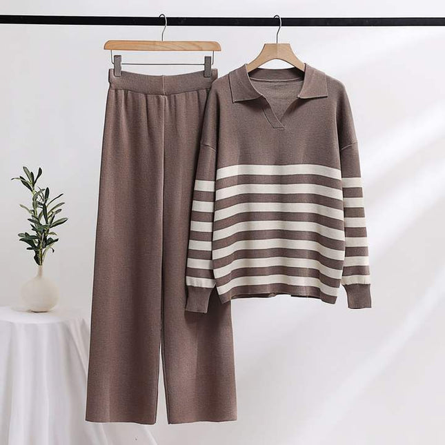 Wholesale New Knitting Suit Polo Collar Striped Sweater Set Loose Casual Top and Pants Sets Fashion Two-piece Set for Women