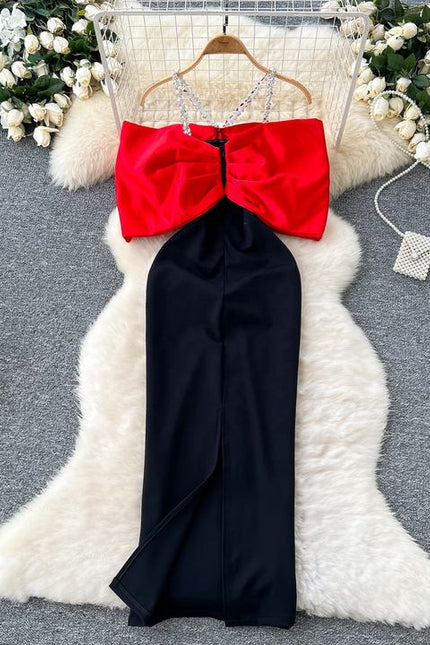 Europe and the United States Fashion Diamond Chain Slim Mid-Length Elegant Evening Dresses