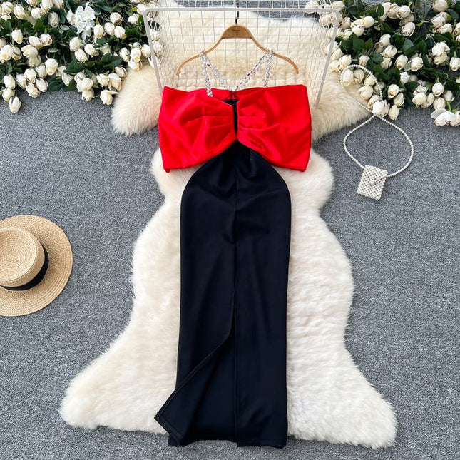 Europe and the United States Fashion Diamond Chain Slim Mid-Length Elegant Evening Dresses