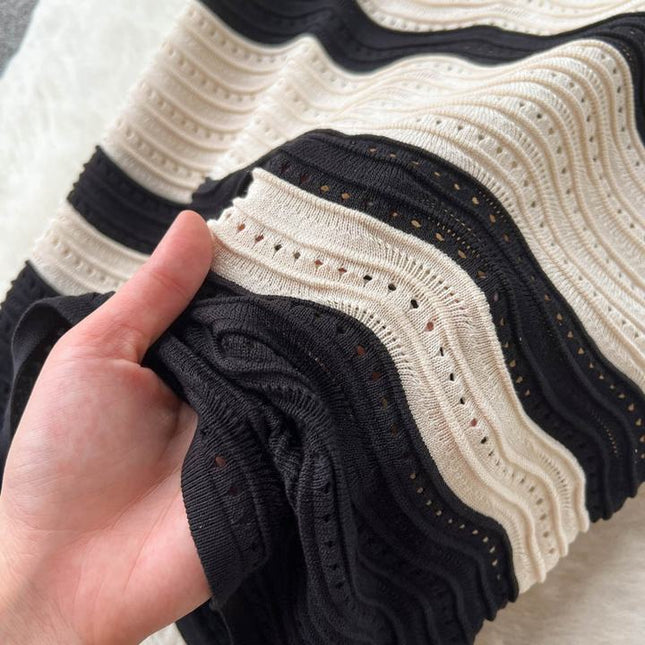 Short Sleeved Striped Knit Dress Women'S Summer New Hollow V-Neck Dresses