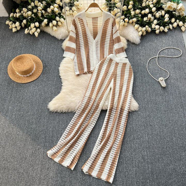 Plus Size Women's Premium Set Colorblocking Striped Knit Cardigan Loose Wide Leg Pants Casual 2 Pieces