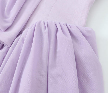 Purple Color Front Bow Tie Sleeveless Slash Neck Casual Fashion Ladies Mini Dress