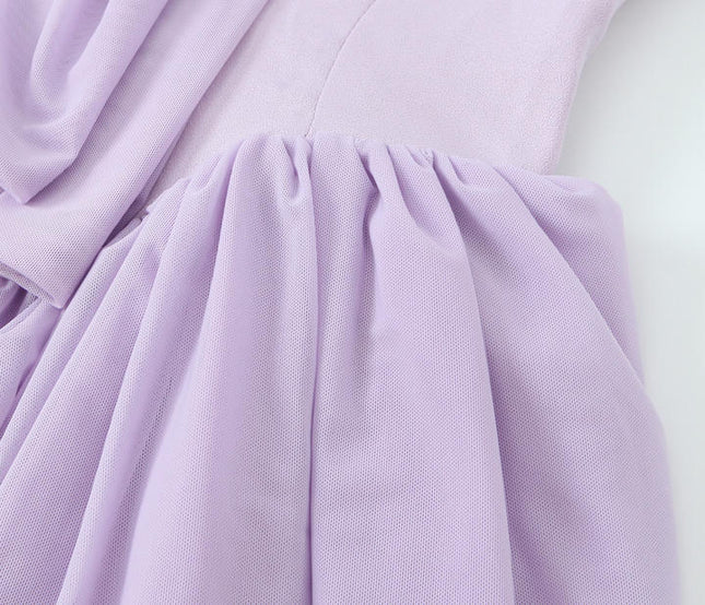 Purple Color Front Bow Tie Sleeveless Slash Neck Casual Fashion Ladies Mini Dress