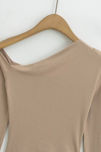 4 Colorway Asymmetrical Design Solid Color Long Sleeve Pleated Casual Fashion t Shirt for Women