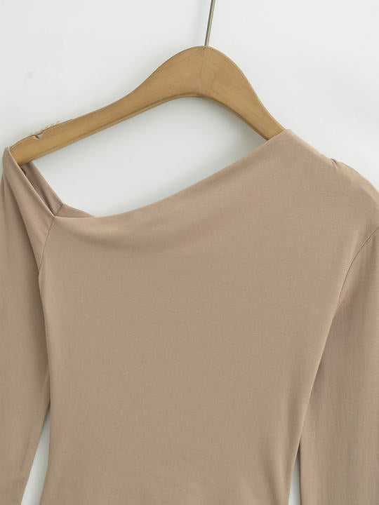4 Colorway Asymmetrical Design Solid Color Long Sleeve Pleated Casual Fashion t Shirt for Women