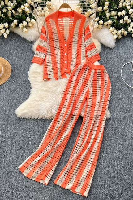 Plus Size Women's Premium Set Colorblocking Striped Knit Cardigan Loose Wide Leg Pants Casual 2 Pieces