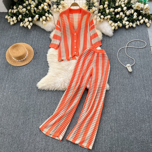 Plus Size Women's Premium Set Colorblocking Striped Knit Cardigan Loose Wide Leg Pants Casual 2 Pieces