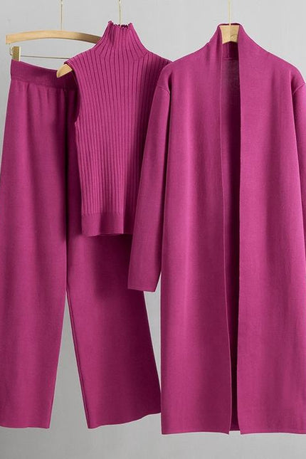 Autumn New Elegant Simple Knitted Set Sleeveless Tank Top+long Sweater Cardigan Pants Three Piece Sets