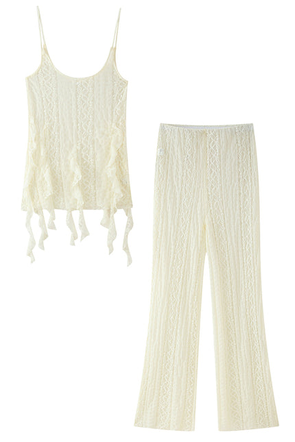 Spaghetti Strap Beige Color Front Ruffle Knitted Casual Fashion Women's tank Tops