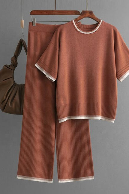 Fashion Women's Loose Sweater Top High Waist Thin Wide Leg Pants Two-piece Set Womens Cotton Knit Pant Sets