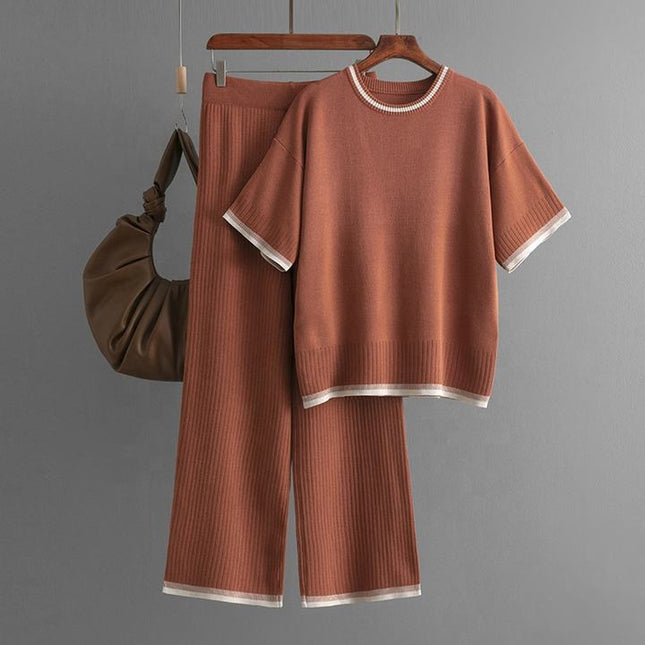 Fashion Women's Loose Sweater Top High Waist Thin Wide Leg Pants Two-piece Set Womens Cotton Knit Pant Sets