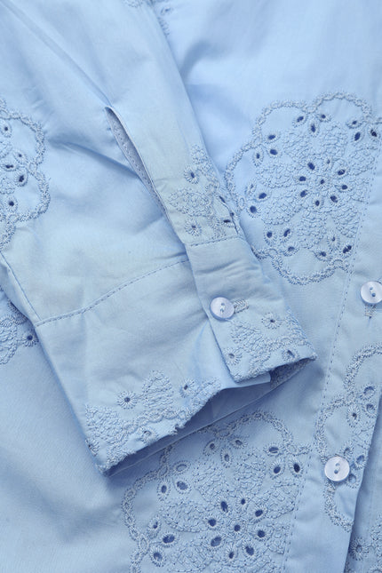 Turn Down Collar Embroidery Blue Color Casual Fashion Tops Blouse for Women