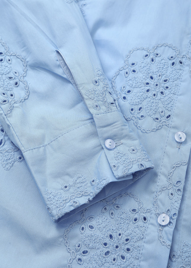 Turn Down Collar Embroidery Blue Color Casual Fashion Tops Blouse for Women