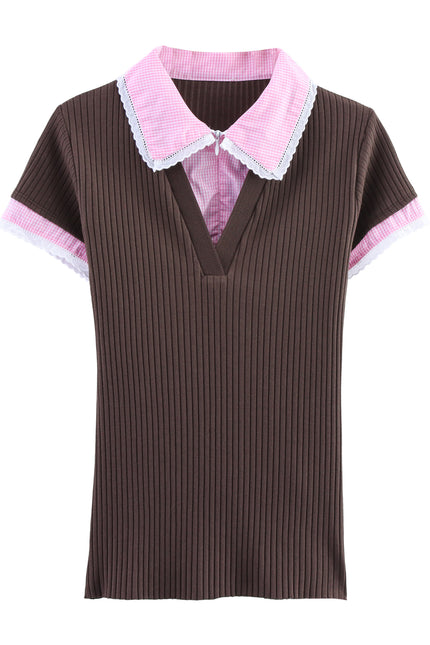 2 Colorway Turn Down Collar Solid Color Short Sleeve Knitted Casual Fashion Polo t Shirt for Women