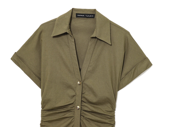 2 Colorway Buttons up Solid Color Short Sleeve Turn Down Collar Casual Fashion Summer Shirt Dress for Women