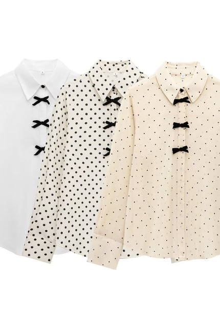 3 Colorway Front Bow Tie Turn Down Collar Long Sleeve Casual Fashion Blouse Tops for Women