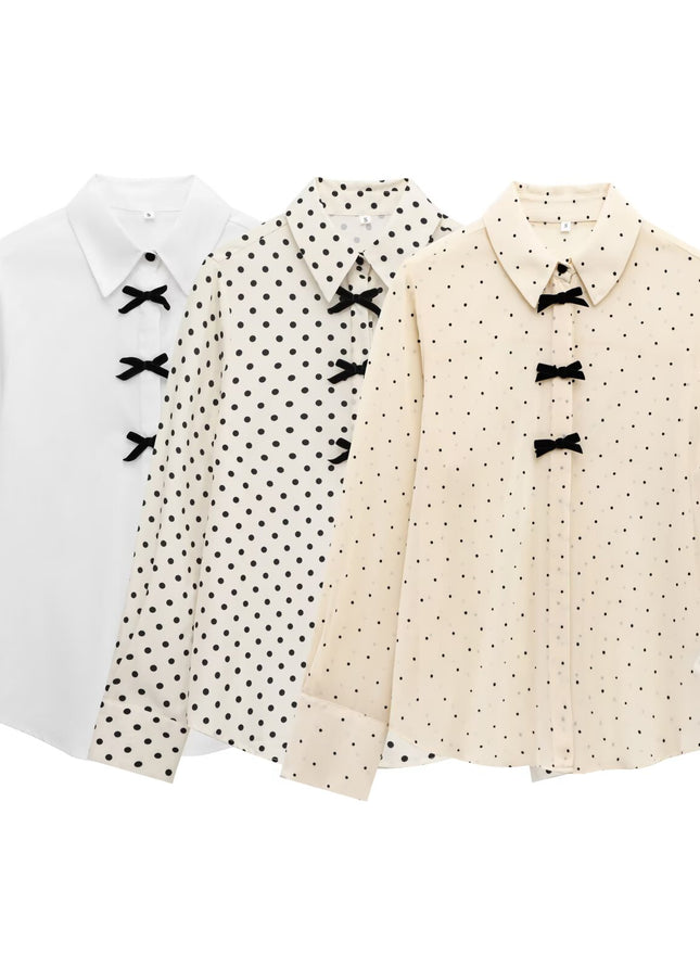 3 Colorway Front Bow Tie Turn Down Collar Long Sleeve Casual Fashion Blouse Tops for Women