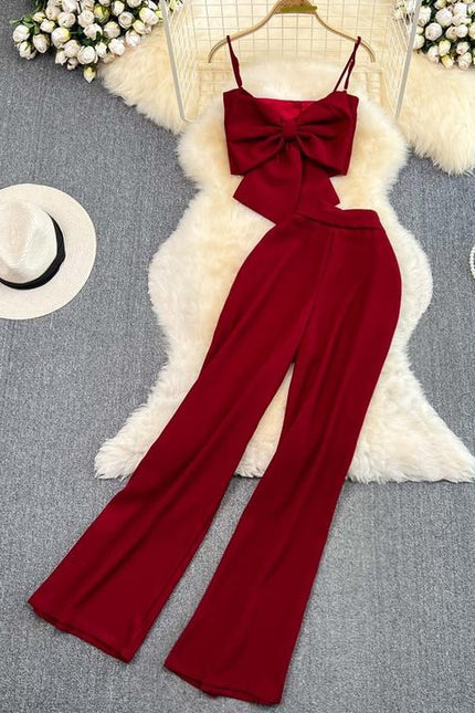 Casual Set of Female Casual Pants Pants Two-piece Bow Top Set