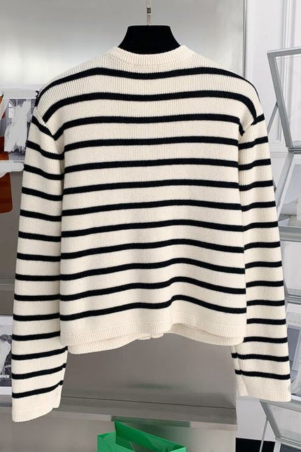 Round Neck Color Clashing Striped Knitted Cardigan Women Spring Autumn French Loose Short Sweater Jacket