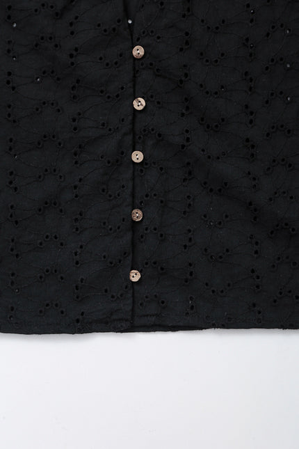 V Neck Buttons up Black Color Embroidery Short Sleeve Eyelet Casual Fashion Tops Blouse for Women