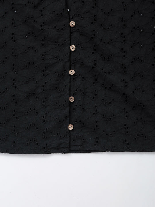 V Neck Buttons up Black Color Embroidery Short Sleeve Eyelet Casual Fashion Tops Blouse for Women