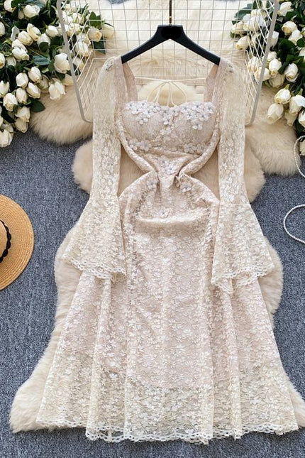 2025 Spring Advanced Sense Heavy Industry Nail Drill Three-dimensional Flower square Collar Trumpet Sleeve Hollow-out Lace Dress