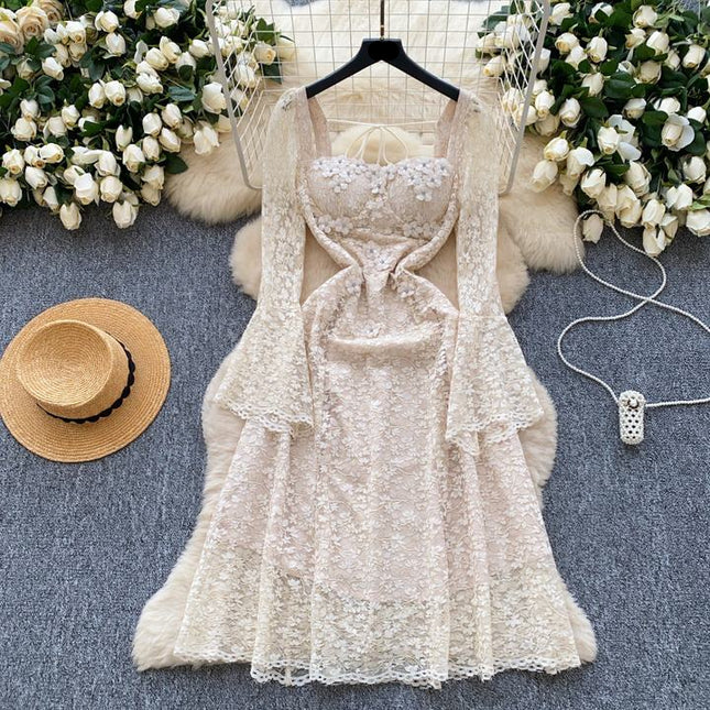 2025 Spring Advanced Sense Heavy Industry Nail Drill Three-dimensional Flower square Collar Trumpet Sleeve Hollow-out Lace Dress