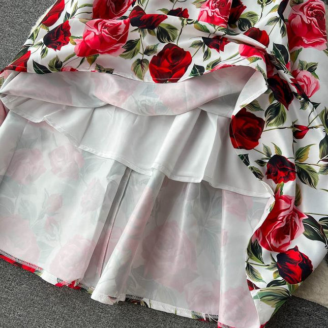Estilo retro vestido estampado para mulheres no verão com uma cintura plissada a linha em torno do pescoço saia sem mangas