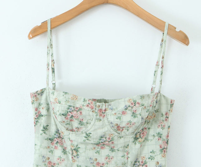 Spaghetti Strap Floral Print Green Color Casual Fashion Summer Long slip Dress for Women