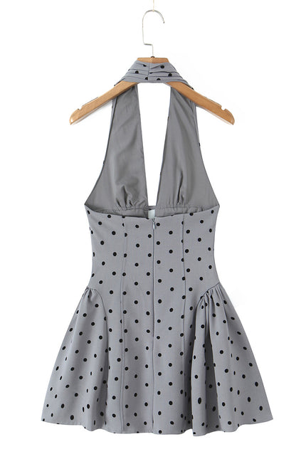 Back Hollow Out Gray Color Polka Dot Print Casual Fashion Summer Mini Halter Dress for Women