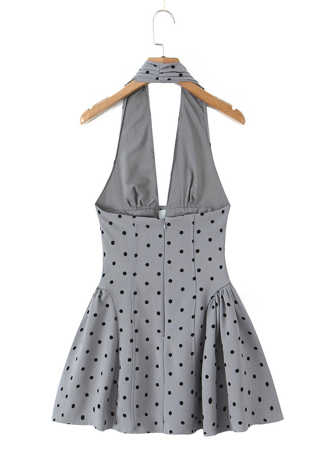 Back Hollow Out Gray Color Polka Dot Print Casual Fashion Summer Mini Halter Dress for Women
